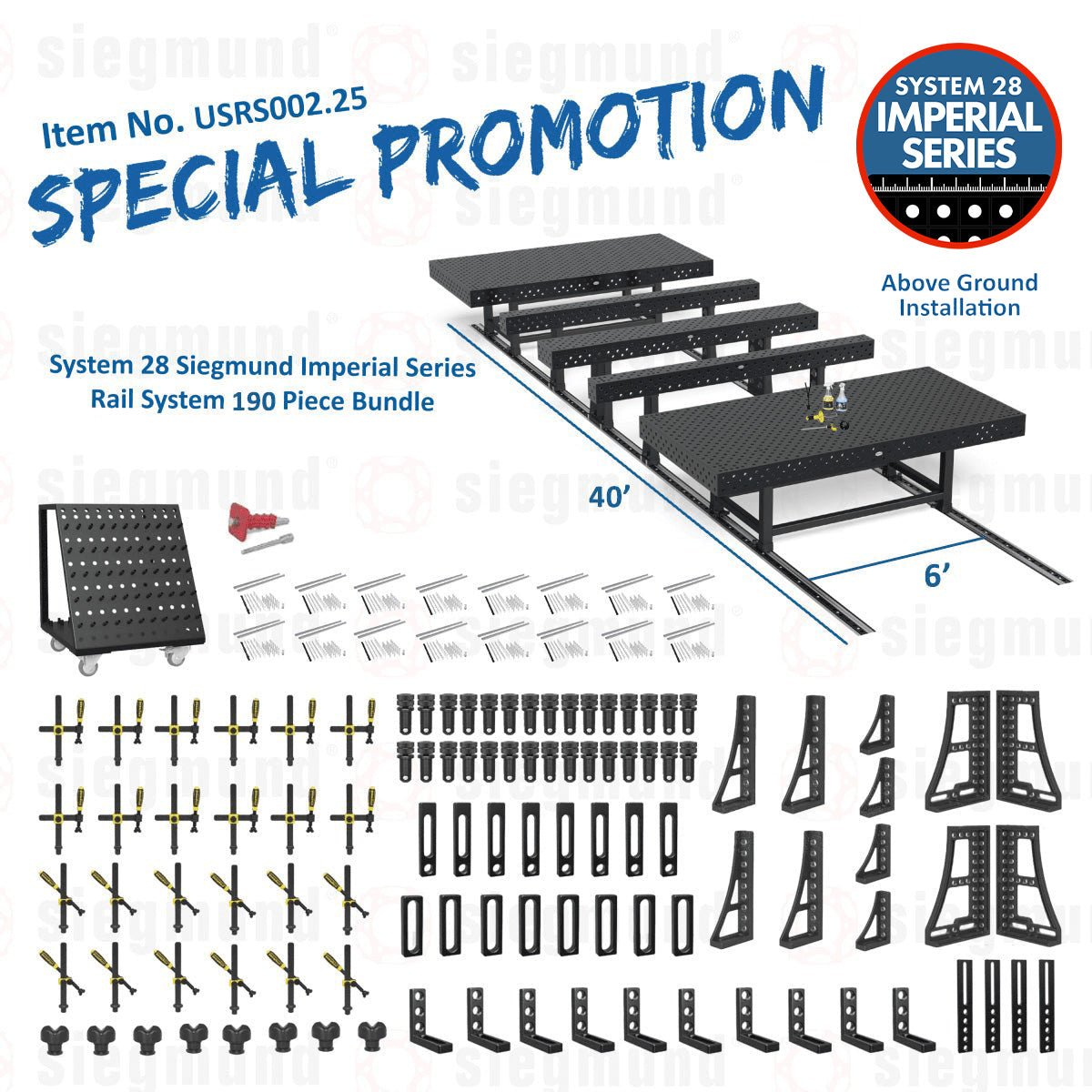 USRS002.25: System 28 Siegmund Imperial Above Ground Rail System 190 Piece Bundle (2026 SPECIAL PROMOTION) - System 28 Imperial Series Welding Tables by Siegmund - The Flattest, Most Reliable Welding Tables & Fixturing Accessories in the World