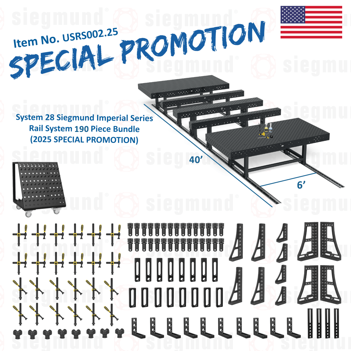 USRS002.25: System 28 Siegmund Imperial Rail System 190 Piece Bundle (2025 SPECIAL PROMOTION) - System 28 Imperial Series Welding Tables by Siegmund - The Flattest, Most Reliable Welding Tables & Fixturing Accessories in the World