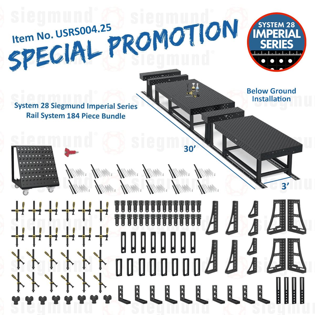 USRS004.25: System 28 Siegmund Imperial Below Ground Rail System 184 Piece Bundle (2026 SPECIAL PROMOTION) - System 28 Imperial Series Welding Tables by Siegmund - The Flattest, Most Reliable Welding Tables & Fixturing Accessories in the World