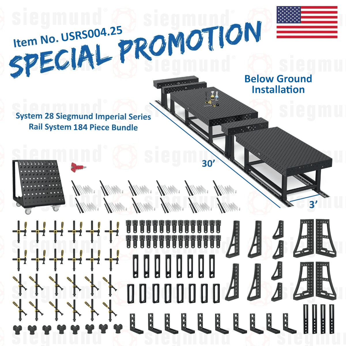 USRS004.25: System 28 Siegmund Imperial Below Ground Rail System 184 Piece Bundle (2026 SPECIAL PROMOTION) - System 28 Imperial Series Welding Tables by Siegmund - The Flattest, Most Reliable Welding Tables & Fixturing Accessories in the World