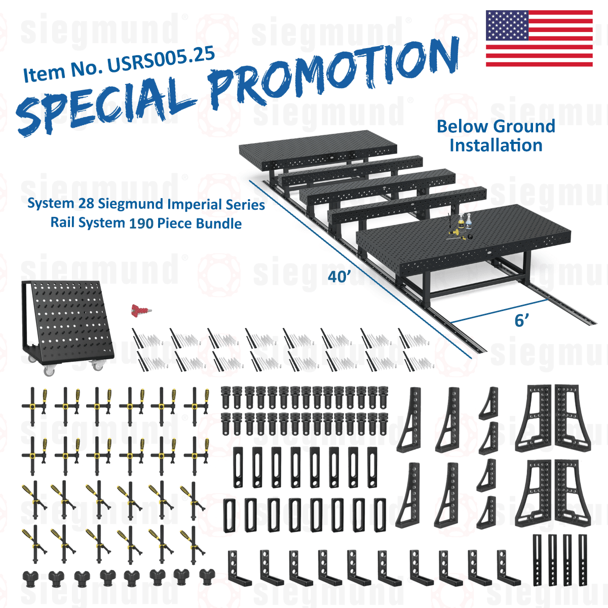 USRS005.25: System 28 Siegmund Imperial Below Ground Rail System 190 Piece Bundle (2026 SPECIAL PROMOTION) - System 28 Imperial Series Welding Tables by Siegmund - The Flattest, Most Reliable Welding Tables & Fixturing Accessories in the World
