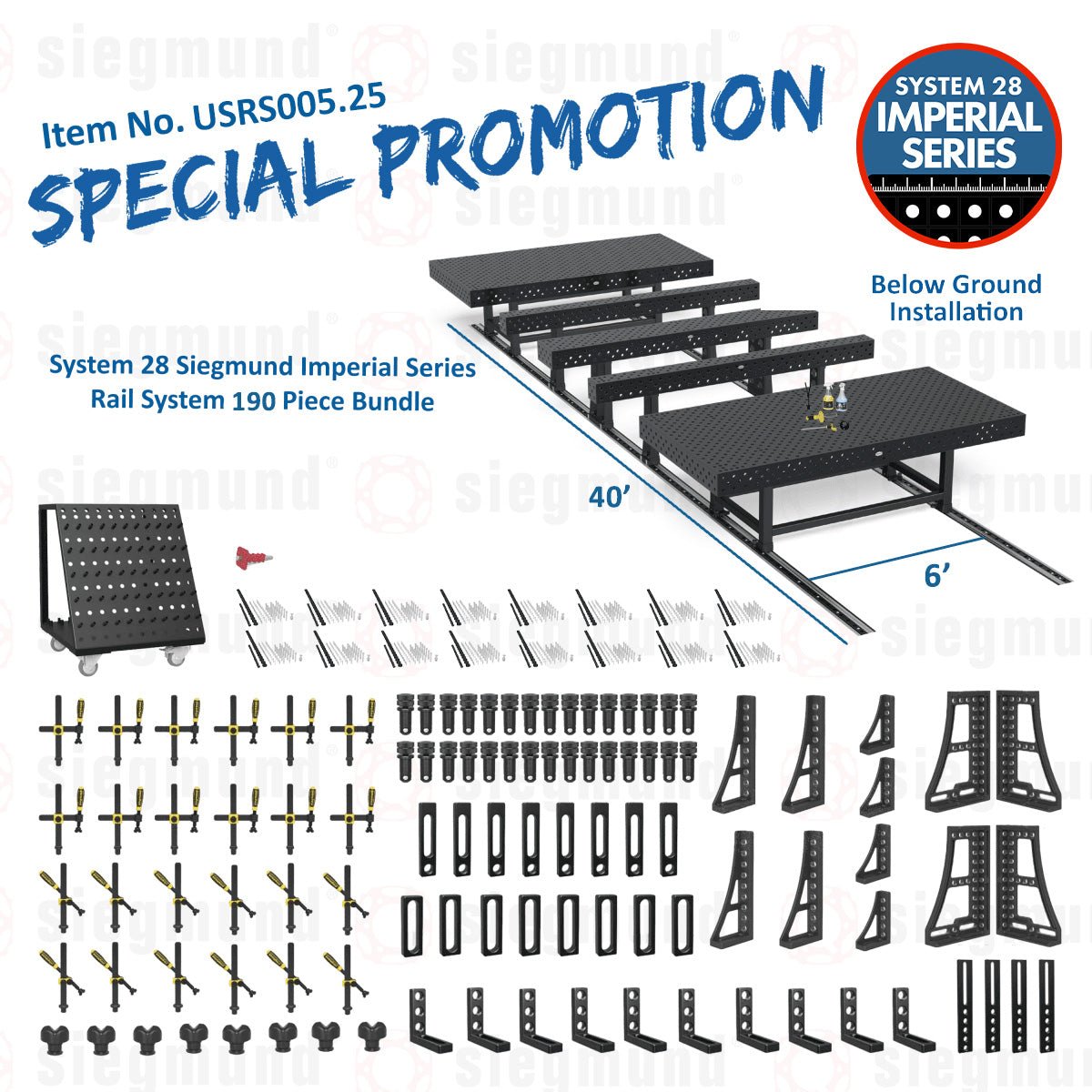 USRS005.25: System 28 Siegmund Imperial Below Ground Rail System 190 Piece Bundle (2026 SPECIAL PROMOTION) - System 28 Imperial Series Welding Tables by Siegmund - The Flattest, Most Reliable Welding Tables & Fixturing Accessories in the World