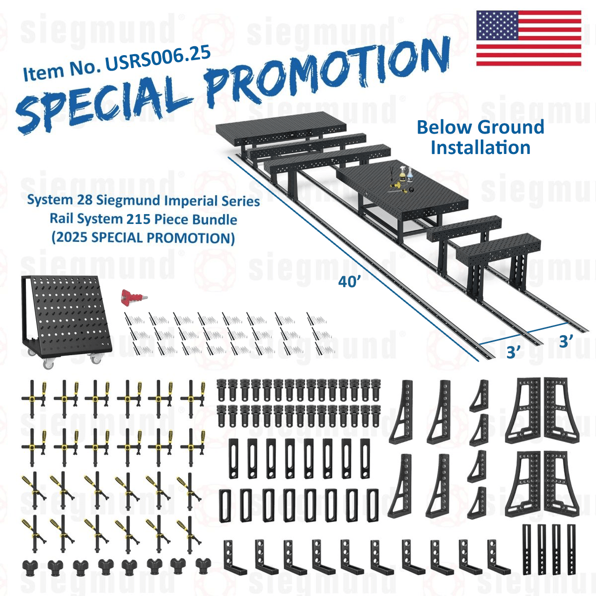 USRS006.25: System 28 Siegmund Imperial Below Ground Rail System 215 Piece Bundle (2025 SPECIAL PROMOTION) - System 28 Imperial Series Welding Tables by Siegmund - The Flattest, Most Reliable Welding Tables & Fixturing Accessories in the World