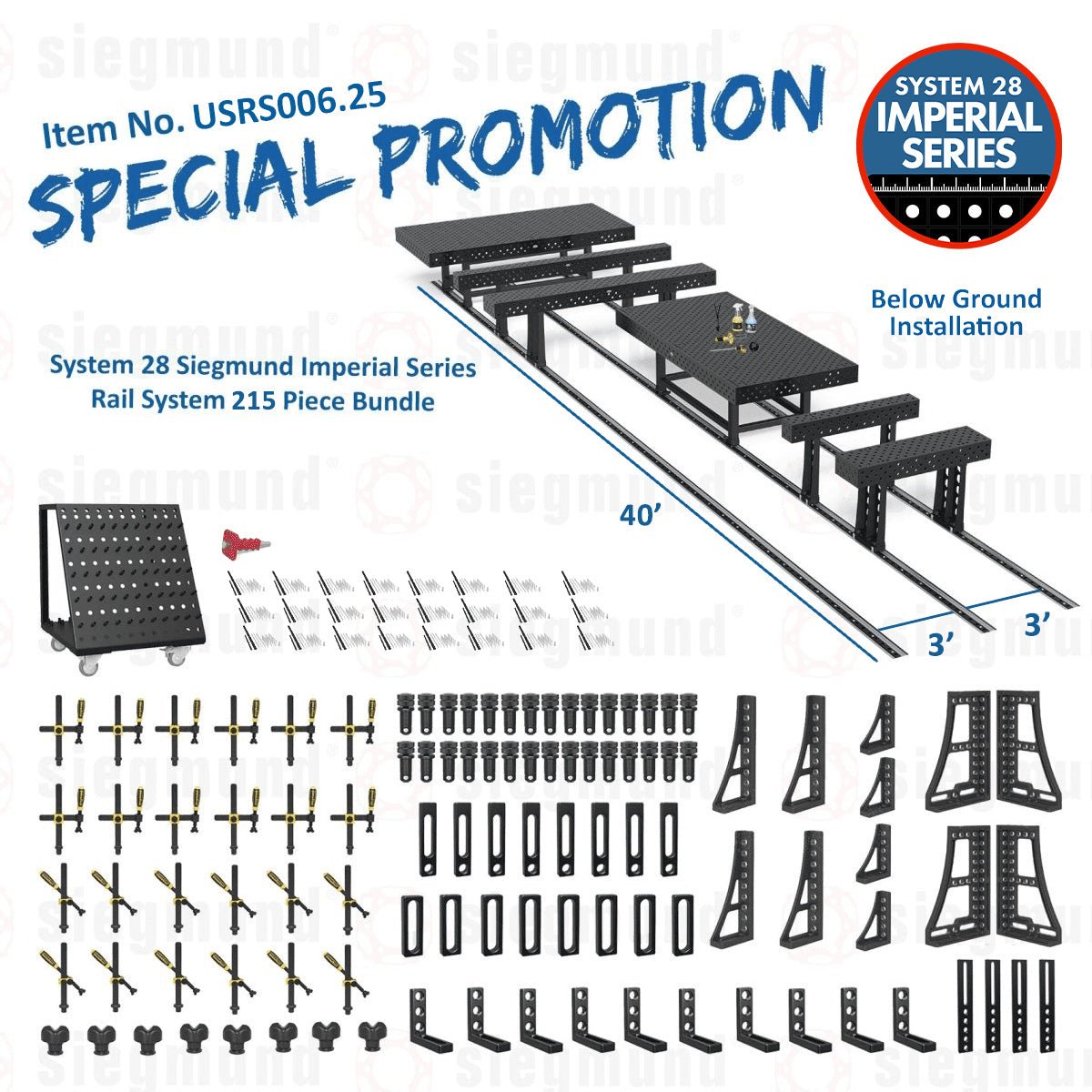 USRS006.25: System 28 Siegmund Imperial Below Ground Rail System 215 Piece Bundle (2026 SPECIAL PROMOTION) - System 28 Imperial Series Welding Tables by Siegmund - The Flattest, Most Reliable Welding Tables & Fixturing Accessories in the World