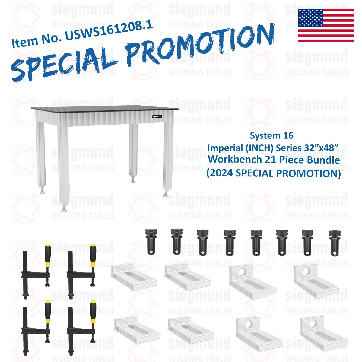 USWS161208.1: System 16 32"x48" Siegmund Imperial Series (Inch) Workbench with Plasma Nitration Perforated Plate 21 Piece Bundle (2024 SPECIAL PROMOTION) - System 16 Imperial Series Welding Tables by Siegmund - The Flattest, Most Reliable Welding Tables & Fixturing Accessories in the World