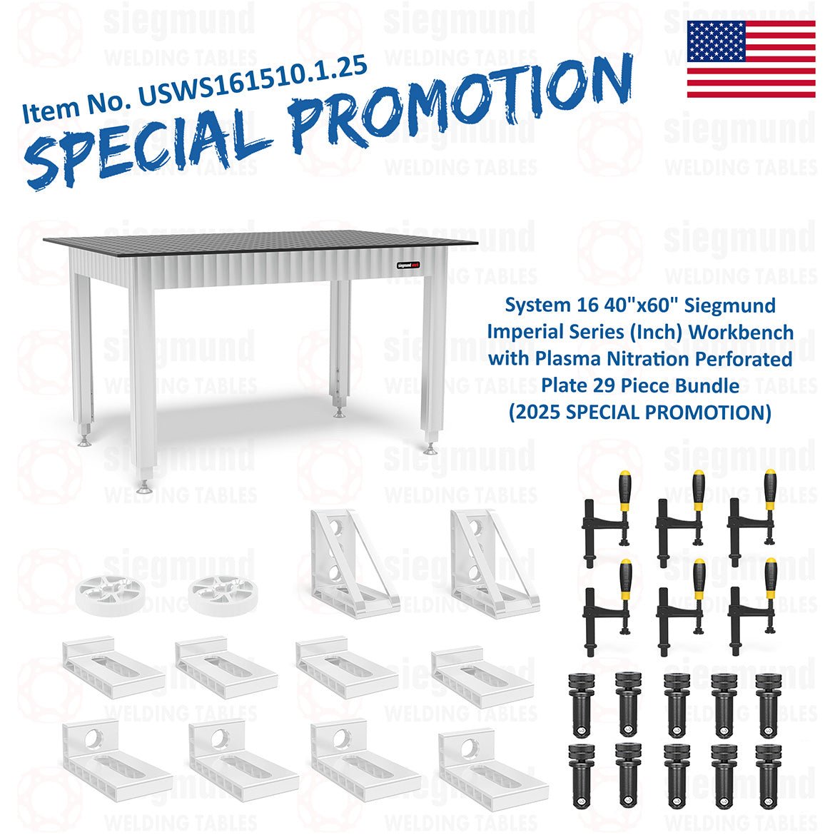 USWS161510.1.25: System 16 40"x60" Siegmund Imperial Series (Inch) Workbench with Plasma Nitration Perforated Plate 29 Piece Bundle (2025 SPECIAL PROMOTION) - System 16 Imperial Series Welding Tables by Siegmund - The Flattest, Most Reliable Welding Tables & Fixturing Accessories in the World