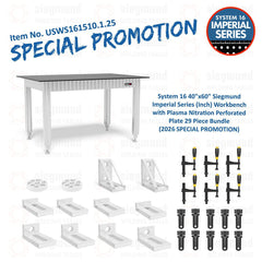 USWS161510.1.25: System 16 40"x60" Siegmund Imperial Series (Inch) Workbench with Plasma Nitration Perforated Plate 29 Piece Bundle (2026 SPECIAL PROMOTION) - System 16 Imperial Series Welding Tables by Siegmund - The Flattest, Most Reliable Welding Tables & Fixturing Accessories in the World