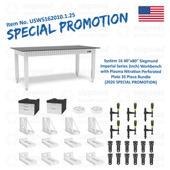 USWS162010.1.25: System 16 40"x80" Siegmund Imperial Series (Inch) Workbench with Plasma Nitration Perforated Plate 35 Piece Bundle (2026 SPECIAL PROMOTION) - System 16 Imperial Series Welding Tables by Siegmund - The Flattest, Most Reliable Welding Tables & Fixturing Accessories in the World
